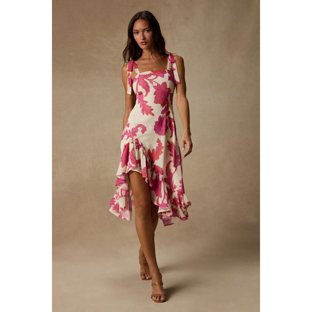 Lulus Tamryn Ivory Floral Asymmetrical Ruffled Midi Dress White - Size XS